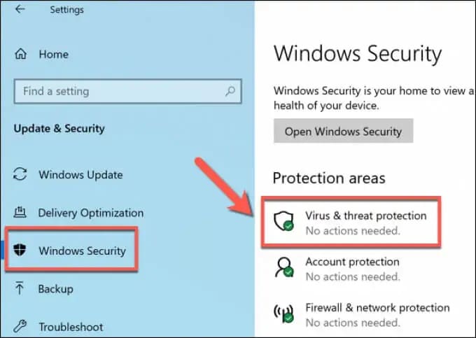 (Update & Security > Windows Security > Virus & threat protection)